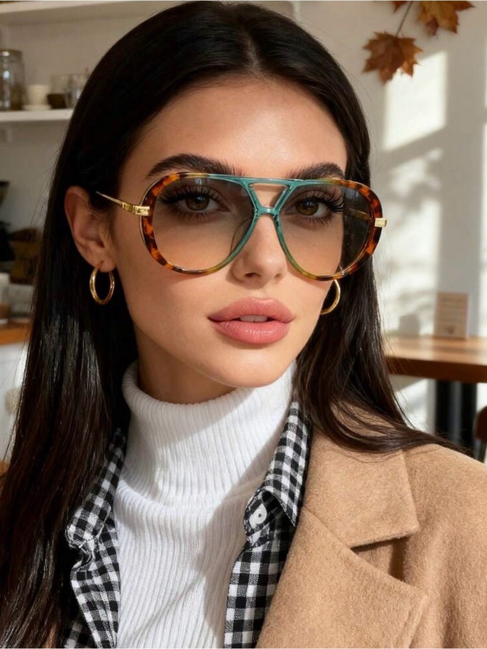 Oversized Tortoise Sunglasses Women Double Beam Metal Frame UV400